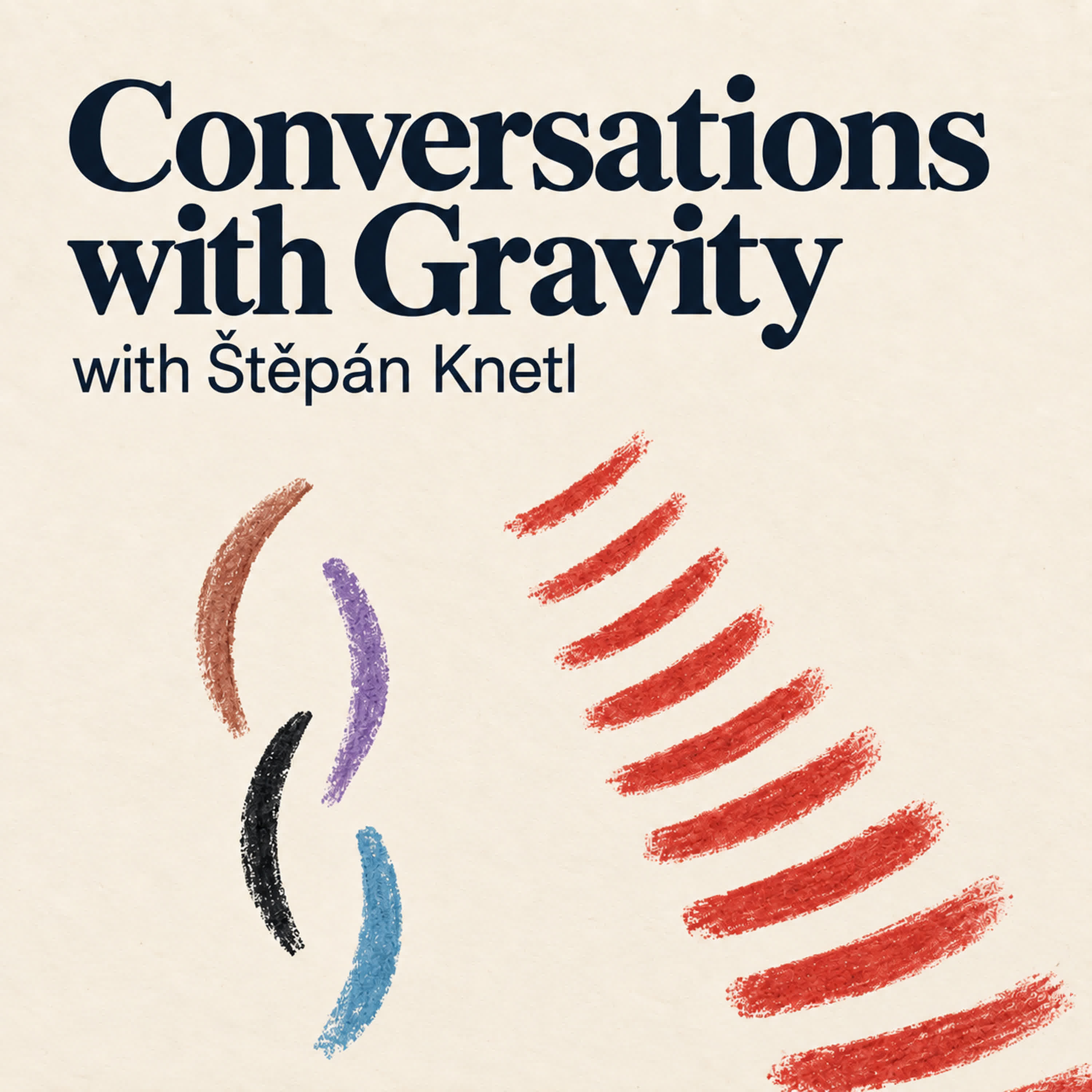 Conversations with Gravity: cream and navy artwork with colourful crayon marks